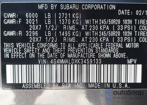 2019 Subaru Ascent Limited from USA, damaged, VIN 4S4WMALDXK3459133